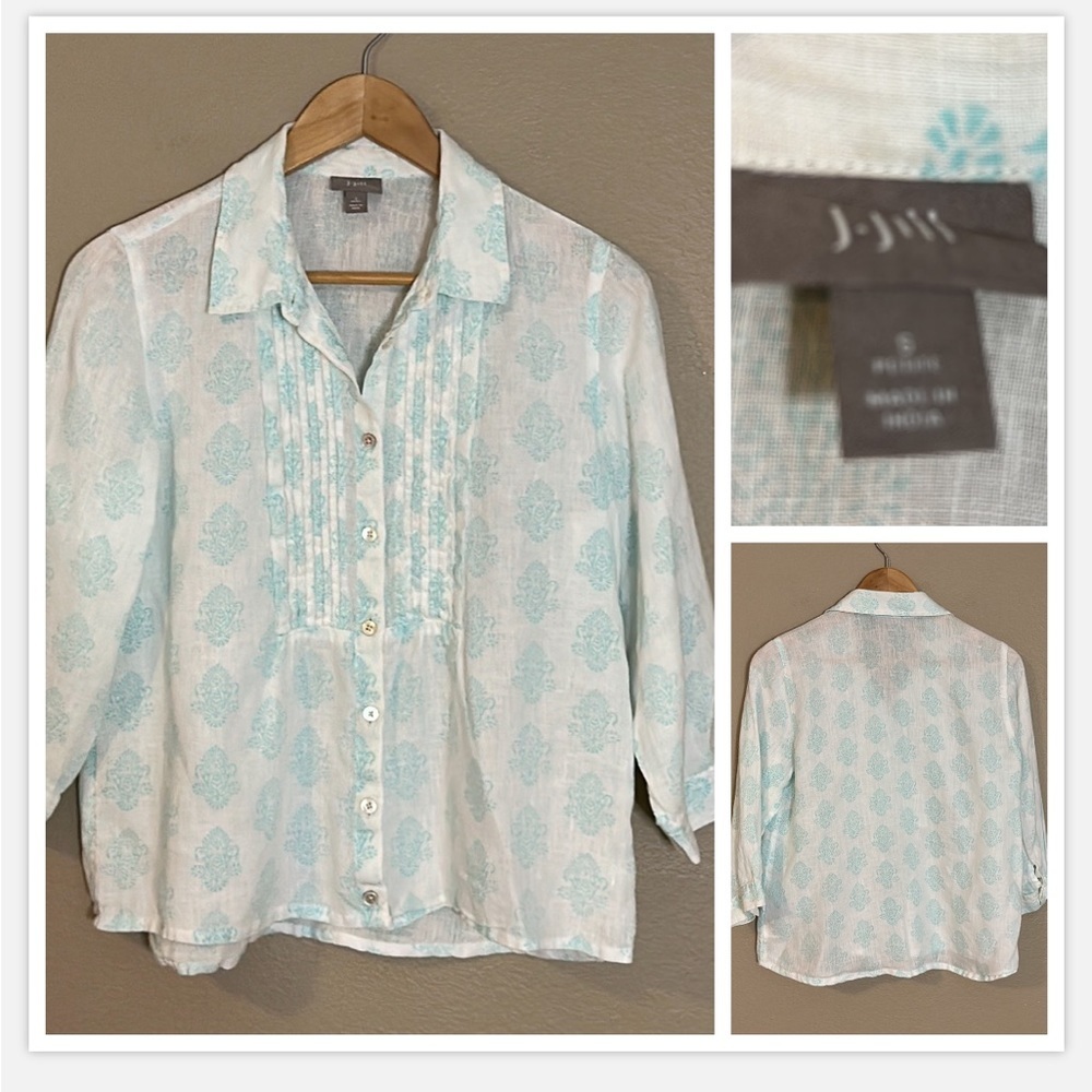 J Jill linen Damask Print blouse, loose & flowy beachy blue and white Size MP
